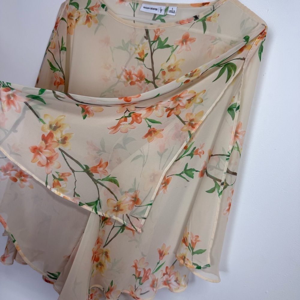 Susan Graver Blouse Womens Size Large Split Sleeve Orange Green Sheer Floral Top - Picture 4 of 10